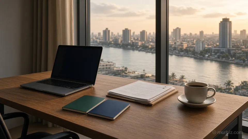 A desk by a window overlooking the Lagos lagoon with a laptop, two closed passports, a folder of documents and a coffee