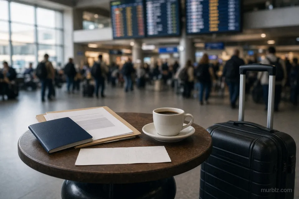 Passaporte, pasta com documentos e café numa mesa do saguão de embarque