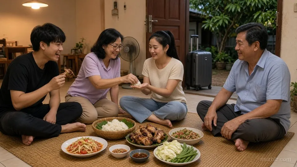 ครอบครัวสี่คนนั่งล้อมวงกินข้าวบนเสื่อในบ้านที่ขอนแก่น คุณแม่ใส่แว่นวางข้าวเหนียวในมือคุณพิม คุณต้นถือไก่ย่างหัวเราะ คุณพ่อยิ้มมองลูกสาว กระเป๋าเดินทางตั้งอยู่ข้างประตู
