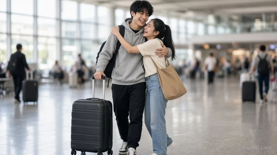 คุณพิมกอดคุณต้นที่สนามบิน ทั้งสองหัวเราะ คุณต้นสวมเสื้อฮู้ดสีเทา สะพายเป้ และจับที่จับกระเป๋าเดินทาง