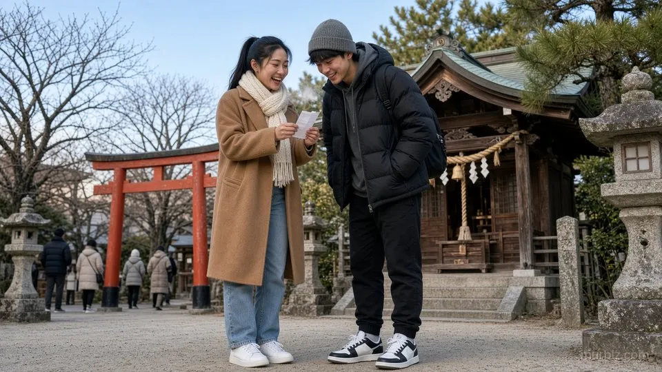 คุณพิมในเสื้อโค้ตสีน้ำตาลอ่อนกับผ้าพันคอสีครีมถือใบเซียมซี คุณต้นในเสื้อขนเป็ดกับหมวกไหมพรมล้วงกระเป๋าเสื้อและก้มดูใบของพี่สาว ด้านหลังเป็นเสาโทริอิสีแดงและโคมหิน
