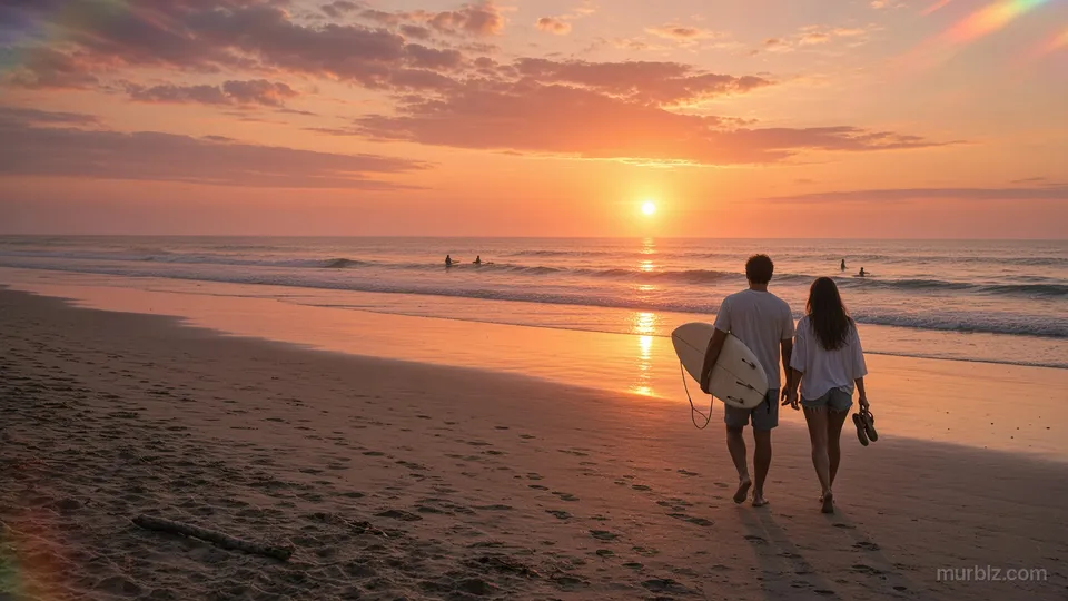 A young couple seen from behind carries a surfboard along Santa Teresa beach at sunset