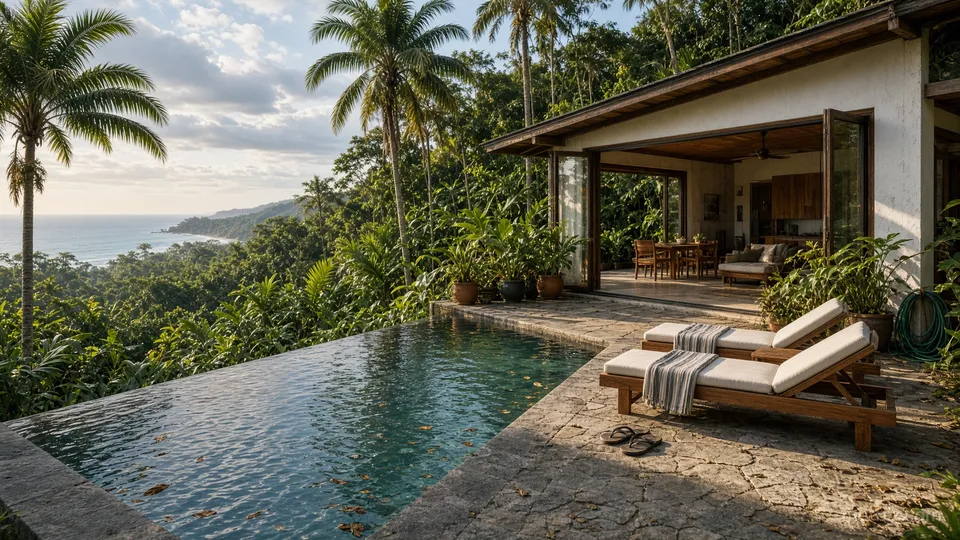 A villa with a pool and sun loungers on a stone terrace surrounded by palm trees and jungle with a view of the ocean