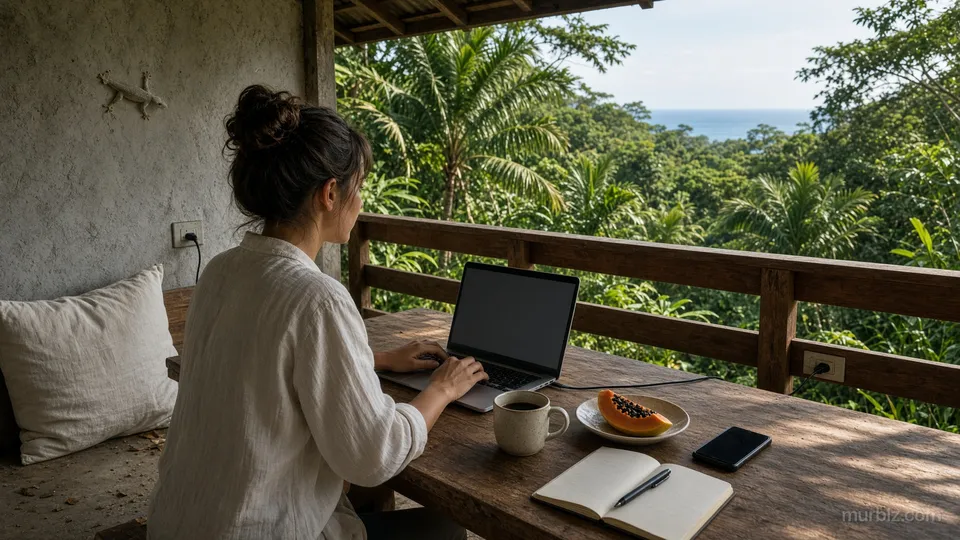 A woman works on a laptop at a wooden table on a covered terrace surrounded by tropical plants