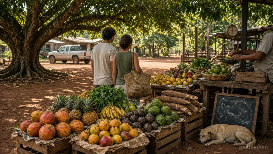 Tropical fruit, coconuts and vegetables piled on wooden tables at an open-air morning market