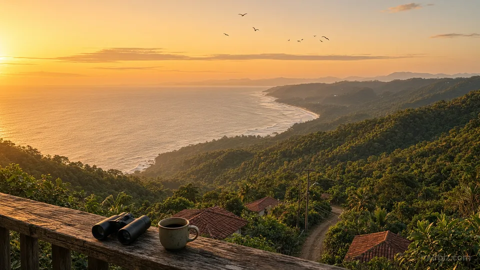 A wooden deck railing with binoculars and a coffee cup overlooking forested hills and the Pacific coastline at golden hour