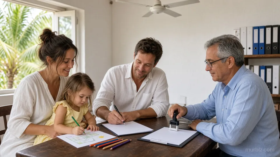 Jakub signs the deed of sale at the notary's desk while Ema, on Tereza's lap, draws the new house