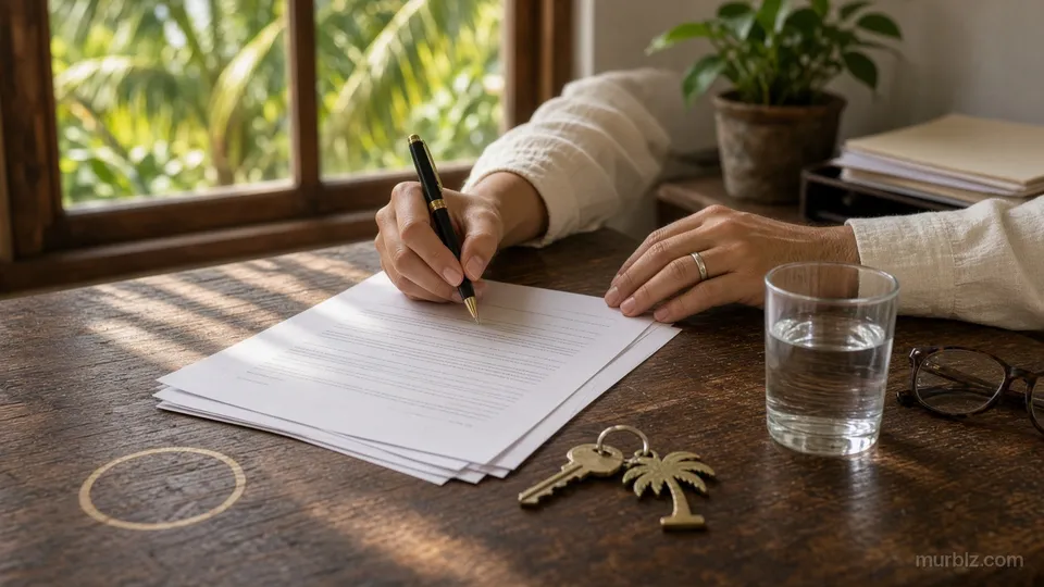 Hands signing papers with a pen on a wooden desk in a bright notary office
