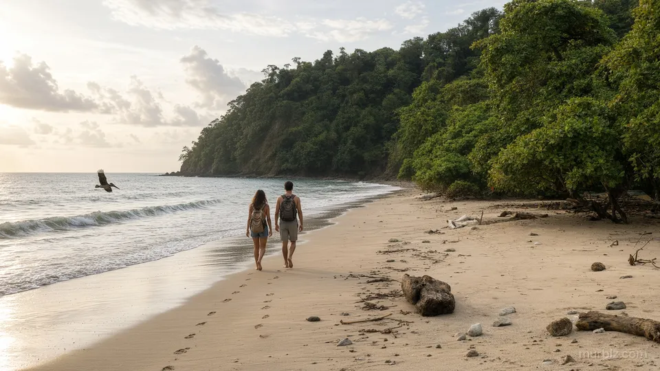 A couple walks barefoot along a wild beach with driftwood and forest in Cabo Blanco reserve while a pelican flies over the water