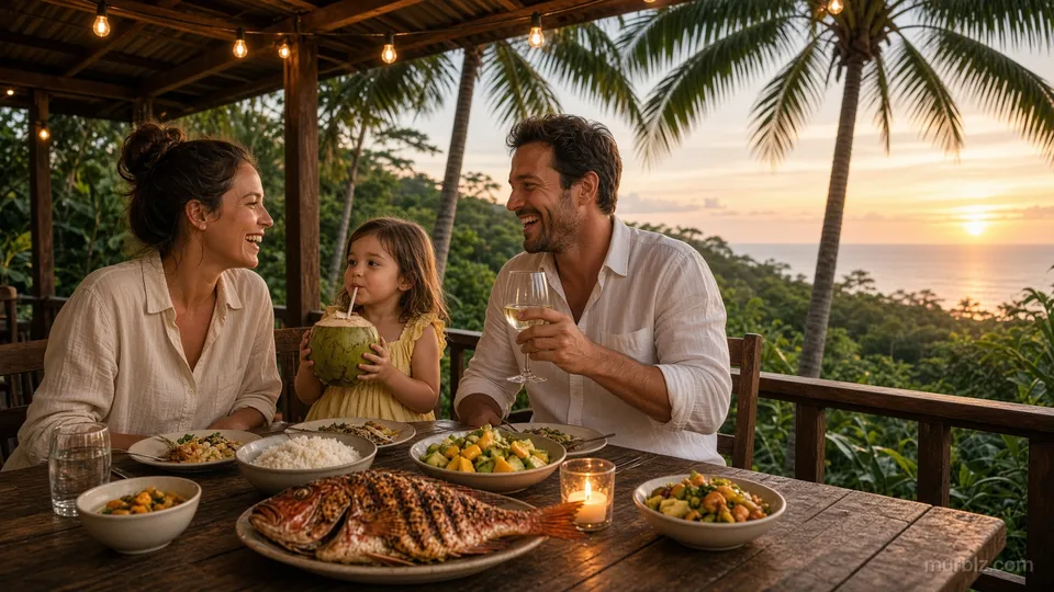 A family of three laughs over dinner on a terrace above the ocean at sunset, the father raising a glass