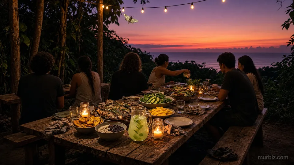 A dinner table with grilled fish, salad and glasses on a wooden terrace overlooking the ocean at sunset